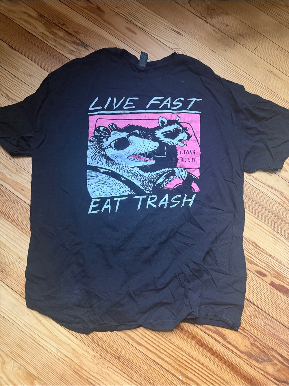 Gildan Black Tee with Pink Graphic - "Live Fast Eat Trash"